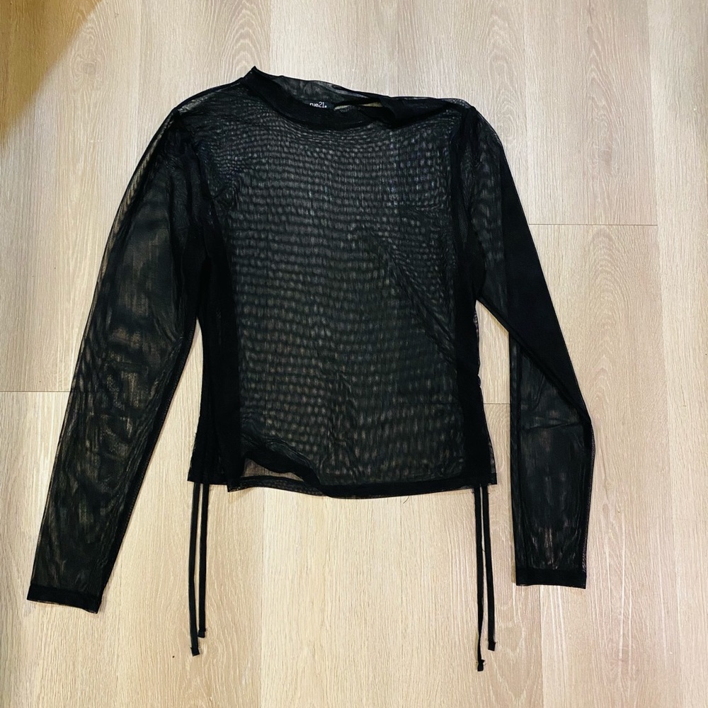 Sheer Long Sleeve Crop Top with Adjustable Strings Along Waist